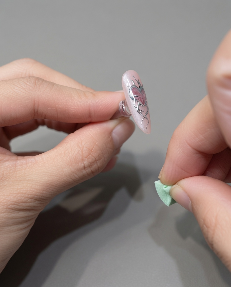 Una pequeña esponja de maquillaje verde siendo usada para barrer suavemente el exceso de polvo cromo plateado de una uña decorada.