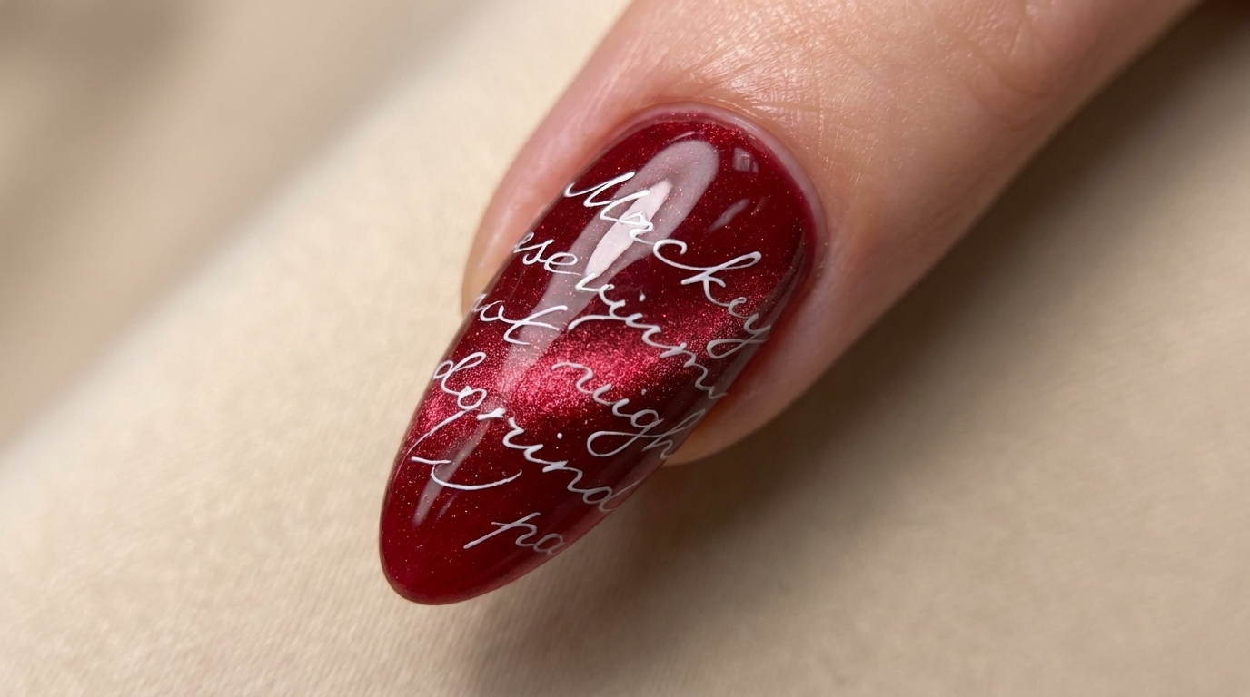 Uñas con efecto ojo de gato rojo y estampado de letras en inglés — Tutorial paso a paso