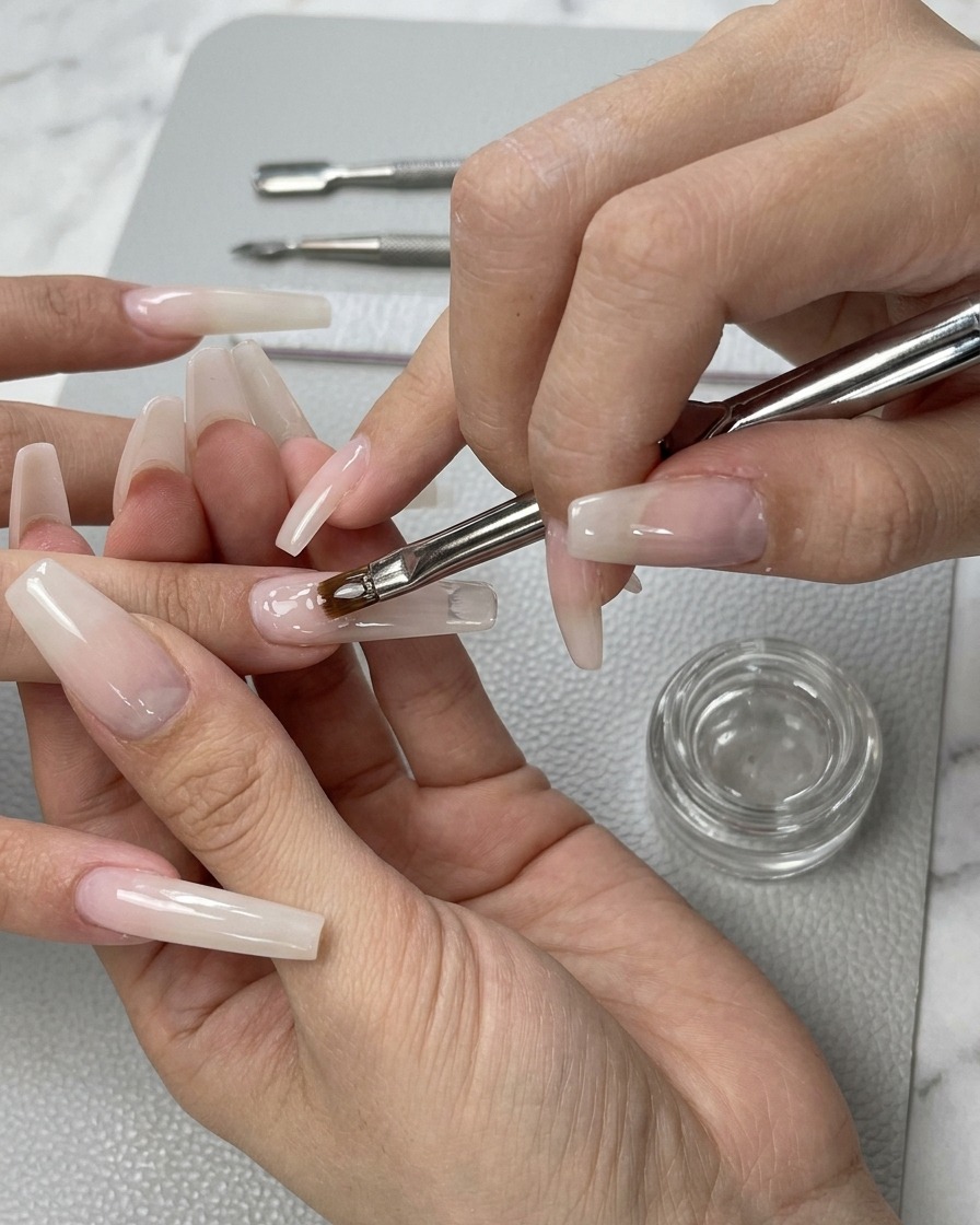 Un pincel de gel plano aplicando una base nude traslúcida sobre la uña.