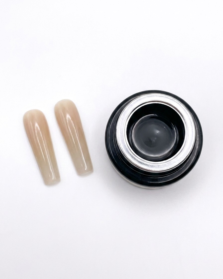 Un pincel suavizando gel nude sobre una uña cuadrada extendida.