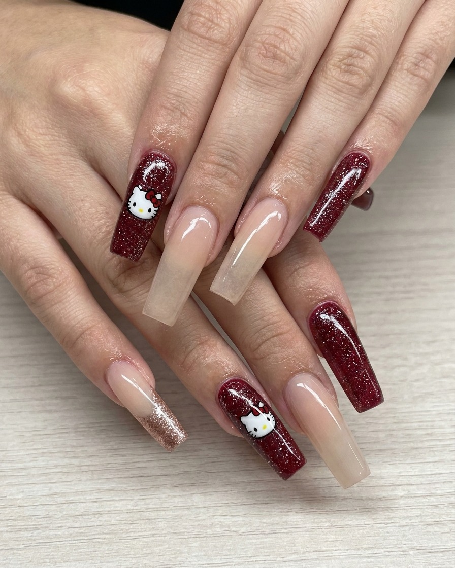 Un pincel de detalle fino creando un arco preciso de gel glitter oro rosa.