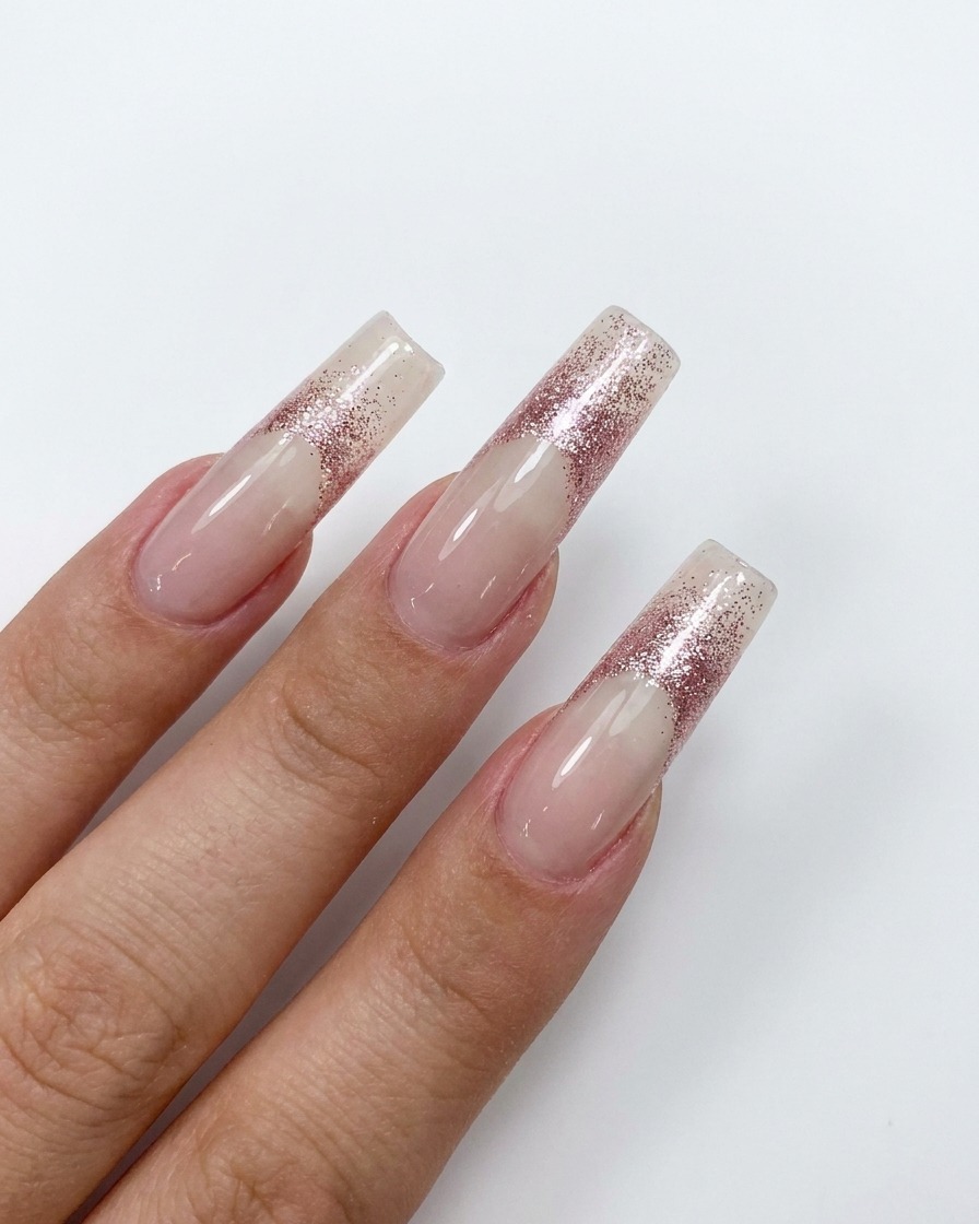 Primer plano de un pincel de nail art difuminando glitter oro rosa hacia abajo en una uña nude larga.