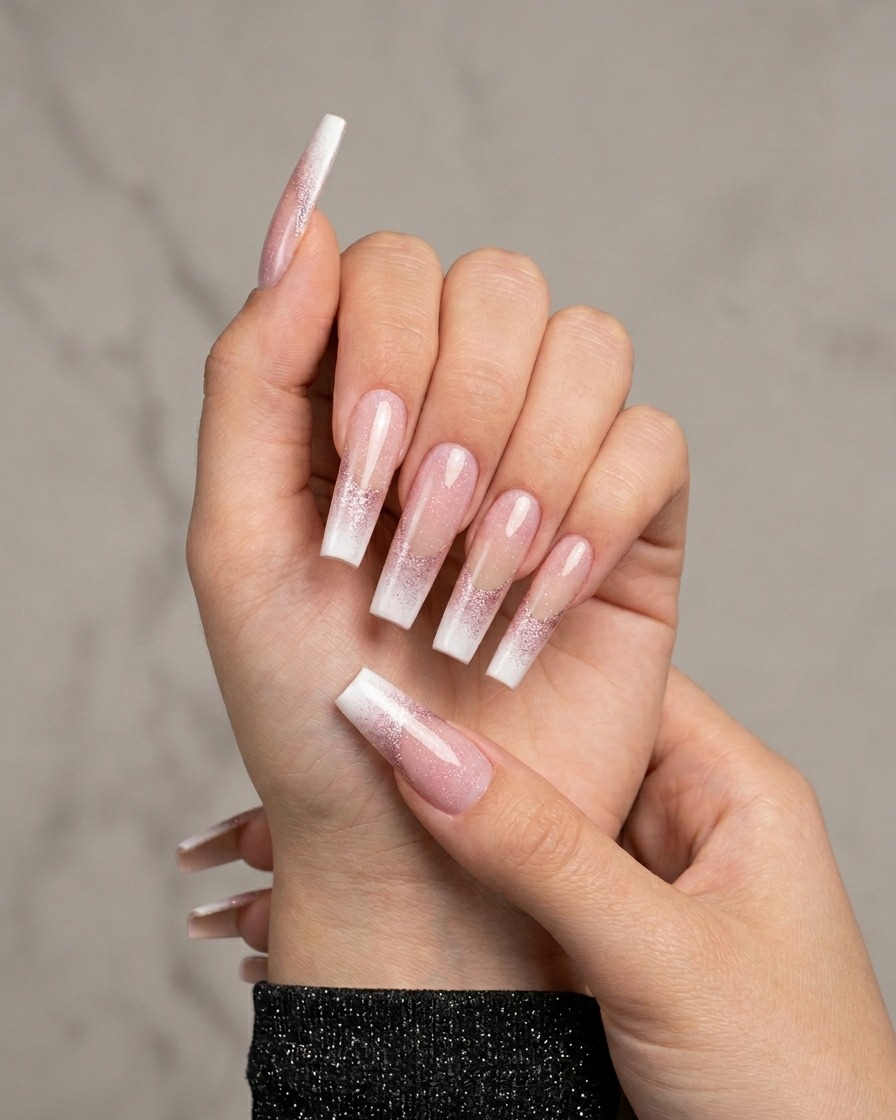 Mano del artista de uñas usando una esponja para aplicar una segunda capa de gel blanco en las puntas.