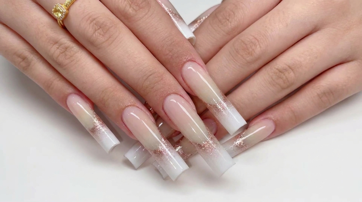 Uñas Water Pipe Square con Degradado de Glitter Oro Rosa y Blanco