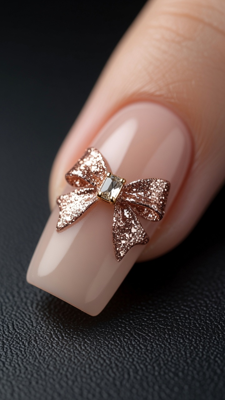 Uñas nude mate decoradas con un lazo de glitter oro rosa con relieve y un pequeño cristal dorado en el centro.