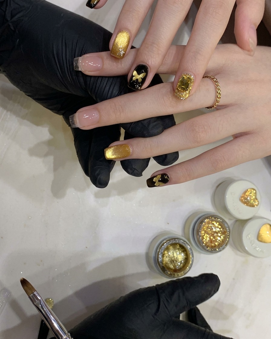 Una lámpara UV portátil curando una uña que presenta un efecto de brillo cat-eye dorado.