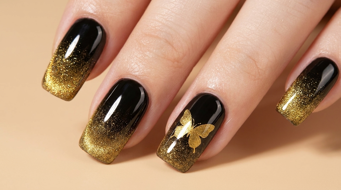 Uñas con Efecto Cat-Eye Dorado y Mariposas: Tutorial Paso a Paso