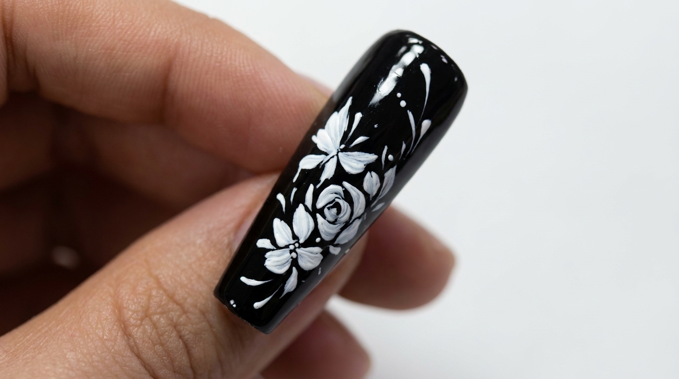 Arte de uñas elegante en blanco y negro con mariposas y flores — Tutorial detallado
