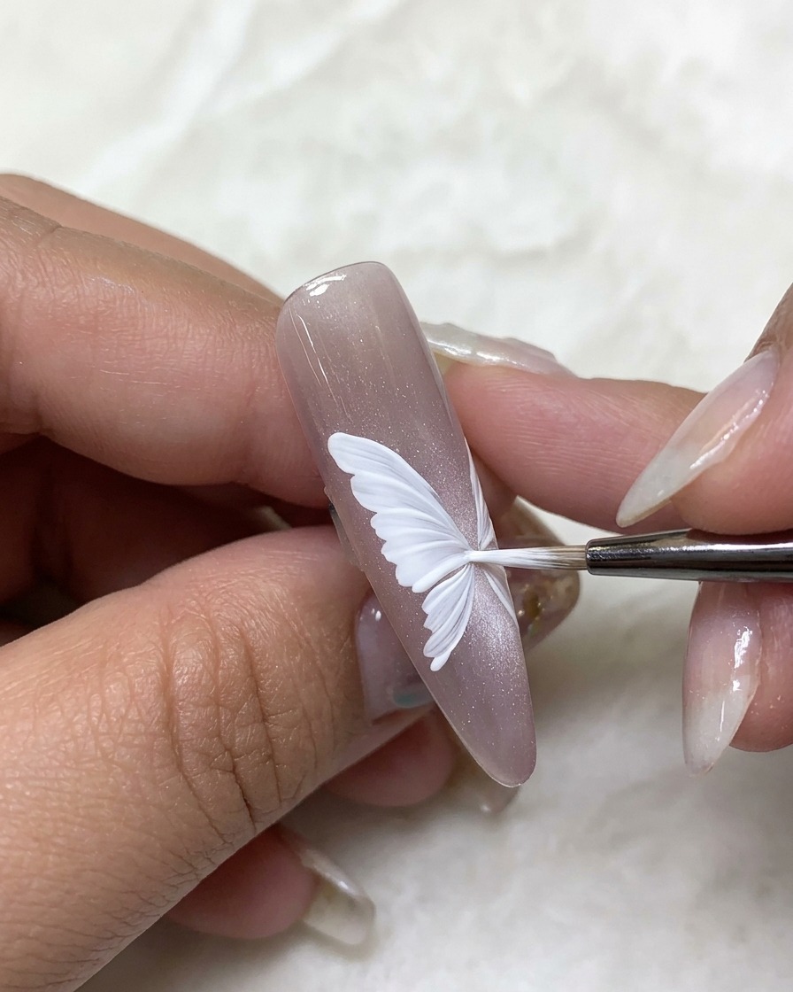 Un primer plano de una uña con delicadas alas de mariposa en gel blanco siendo delineadas con un pincel liner fino.