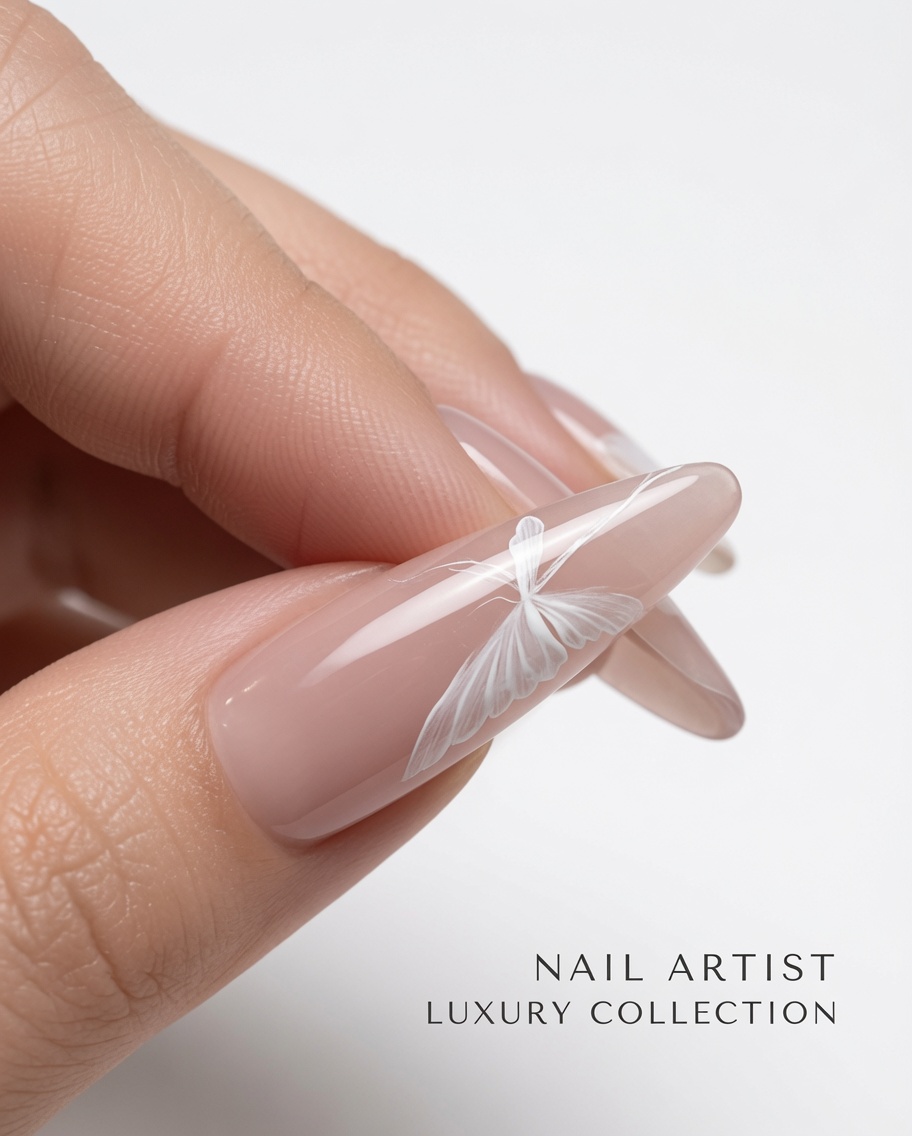 Primer plano de una uña que muestra el diseño de la mariposa junto a pequeñas formas circulares de pintura blanca que actúan como base para las rosas.
