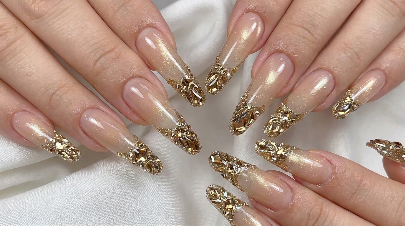 Tutorial de Uñas Largas Degradadas Nude con Pedrería y Cristales