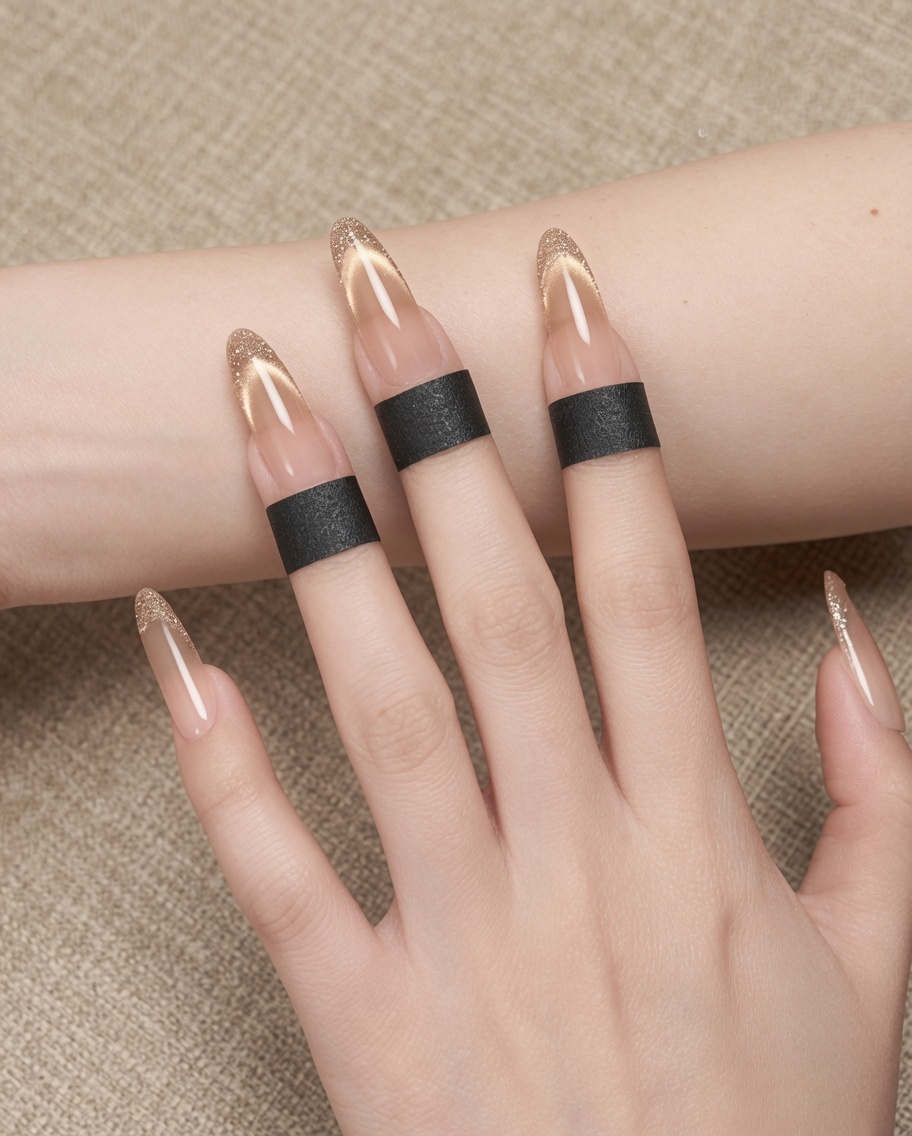 Una mano con esmalte en gel cat-eye terminado colocada dentro de una lámpara UV/LED profesional.