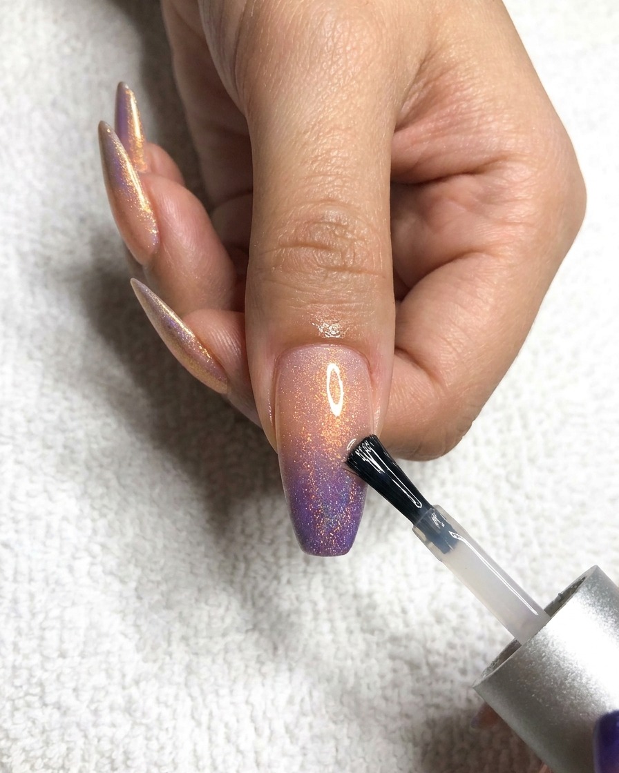 Un pincel aplicando un top coat transparente y brillante a la uña del dedo medio, cubriendo el diseño ombré holográfico.