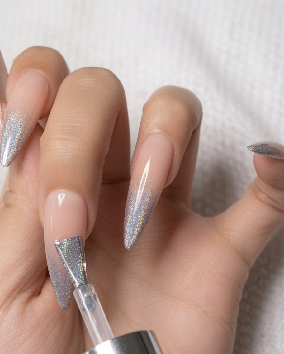 Un pincel de uñas aplicando un top coat fino y brillante sobre el diseño ombré holográfico en una uña del dedo índice.