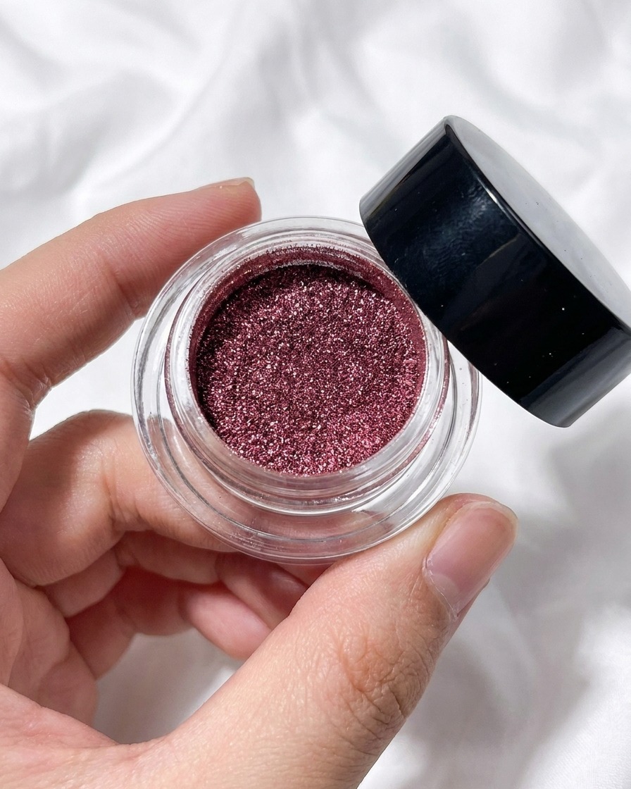 Un aplicador de esponja para sombras de ojos tomando polvo cromado oro rosa de un pequeño tarro.