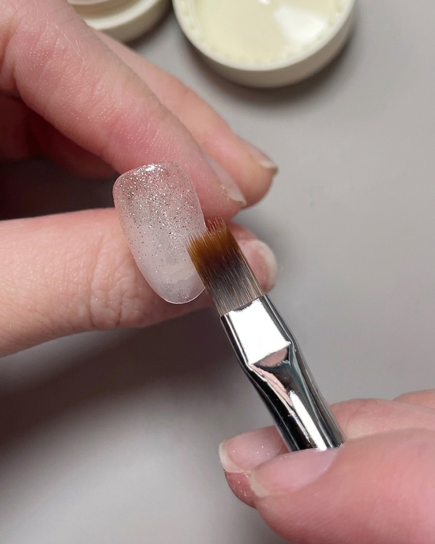 Un pincel de uñas aplicando una capa de esmalte de gel ojo de gato brillante sobre una base transparente.