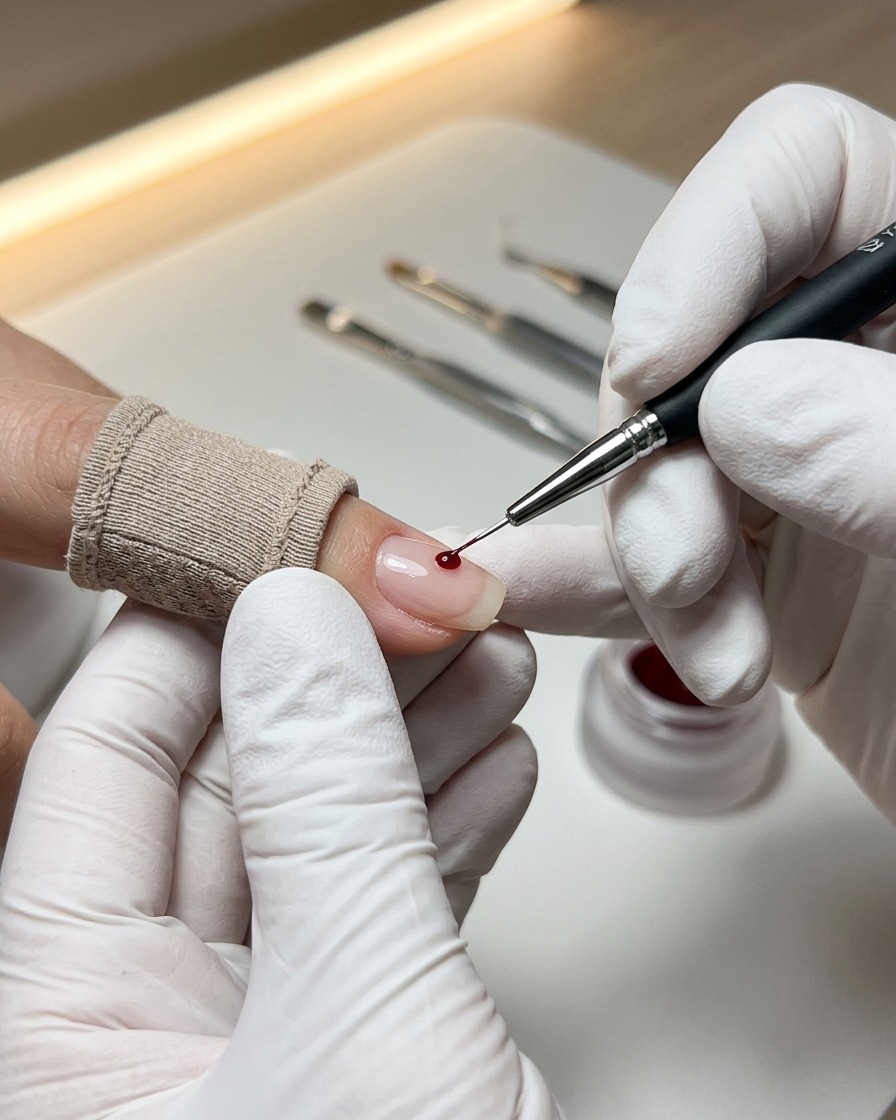 Vista en primer plano de un pincel liner aplicando una pequeña gota de gel transparente cerca de la cutícula.