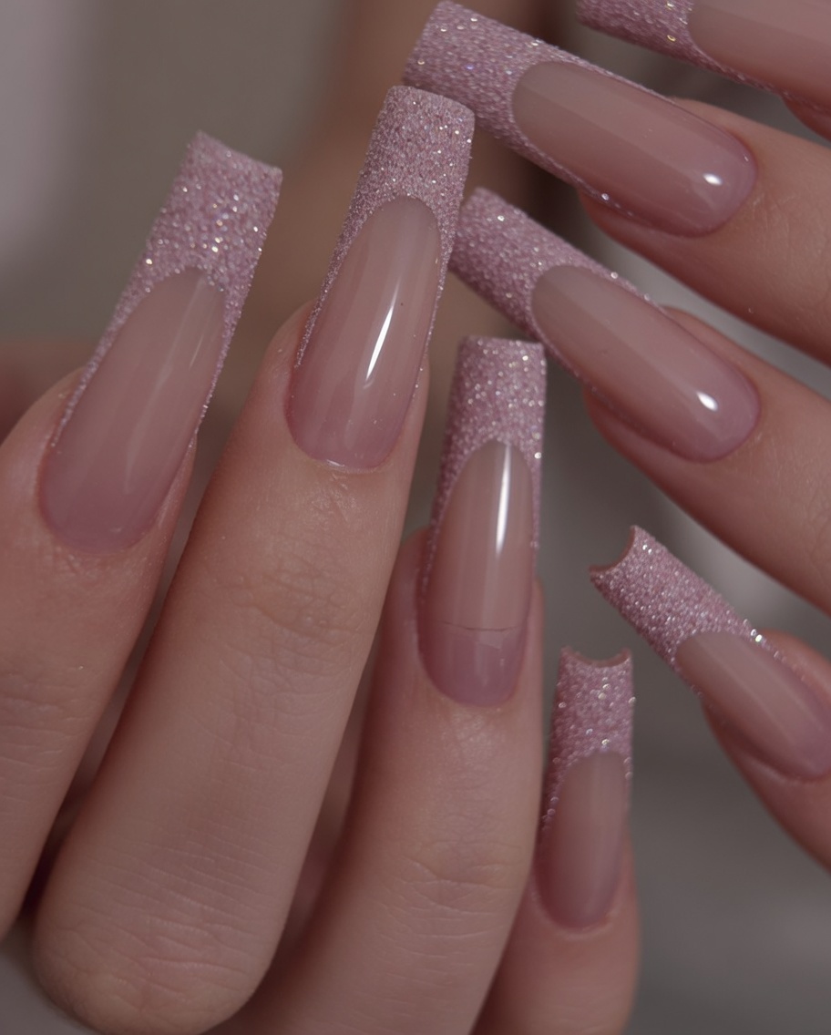 Un par de manos luciendo uñas largas de forma cuadrada con base rosa y puntas francesas de glitter en una pose relajada y elegante.