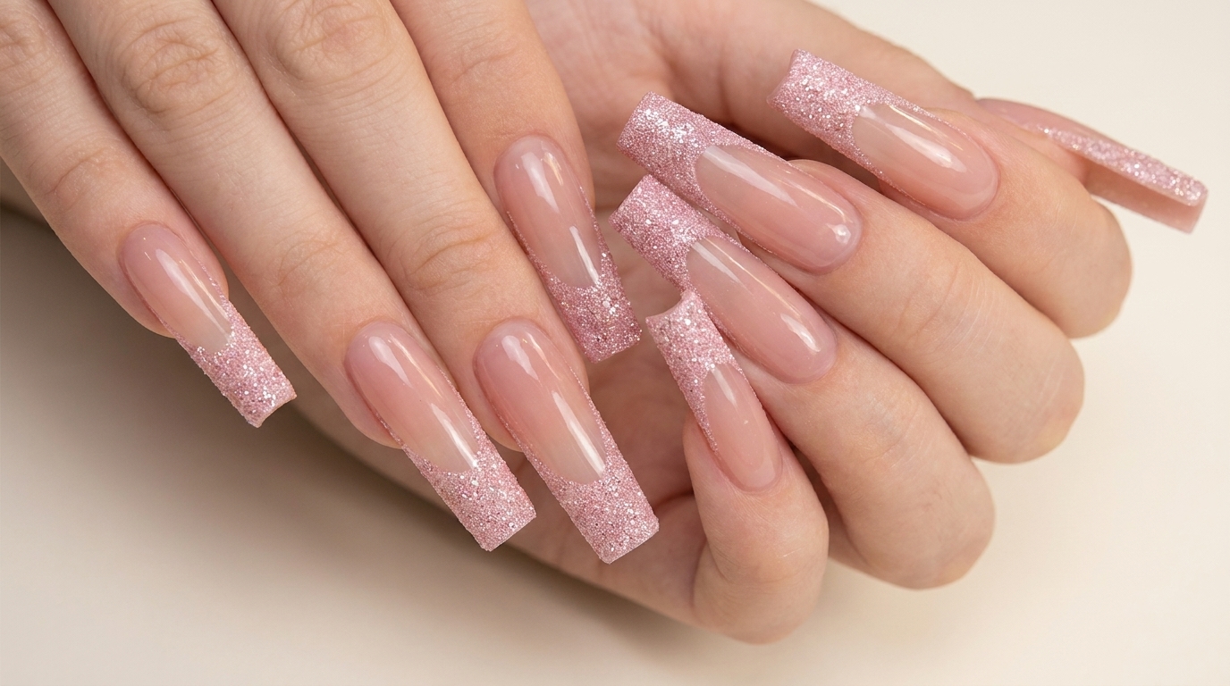 Uñas Largas Cuadradas con Francesa de Glitter Rosa — Tutorial Paso a Paso