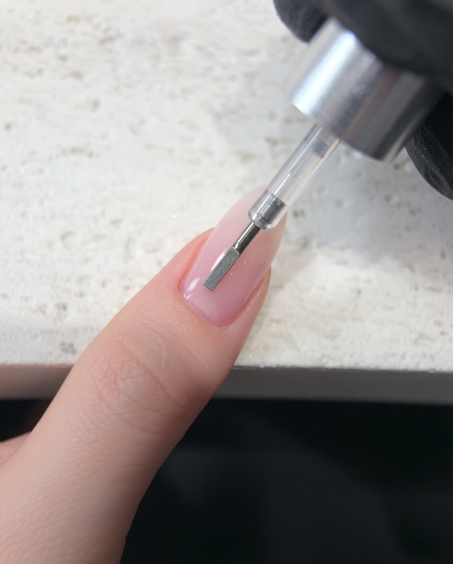 Un pincel de esmalte de gel aplicando un top coat transparente sin capa de inhibición sobre una base jelly rosada.
