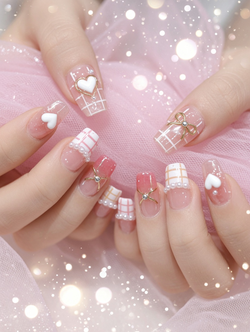 Diseño de uñas estilo 'girly' con cuadrícula y corazones 3D — Tutorial paso a paso