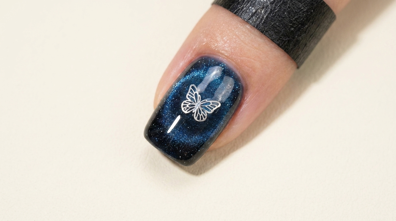 Uñas Galaxia con Efecto Cat-Eye Azul y Negro — Tutorial Paso a Paso