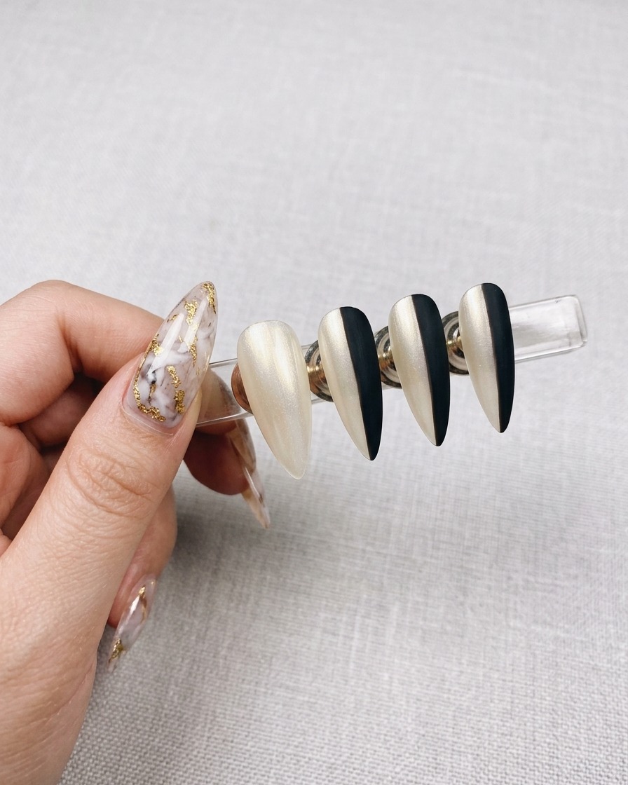 Un aerógrafo rociando gel blanco sobre un set de uñas enmascaradas con pegatinas verticales.