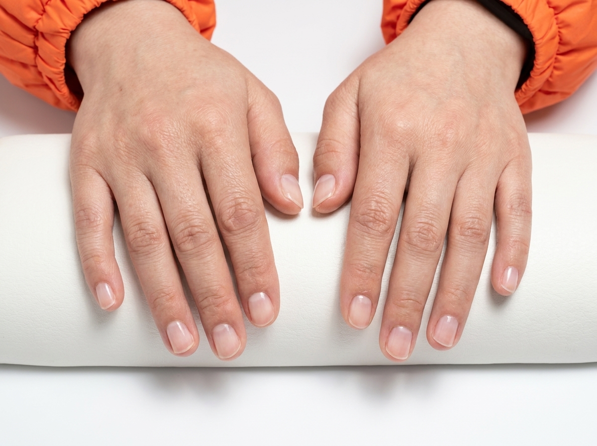 Primer plano de una mano con plantillas guía moradas aplicadas en las puntas de las uñas.