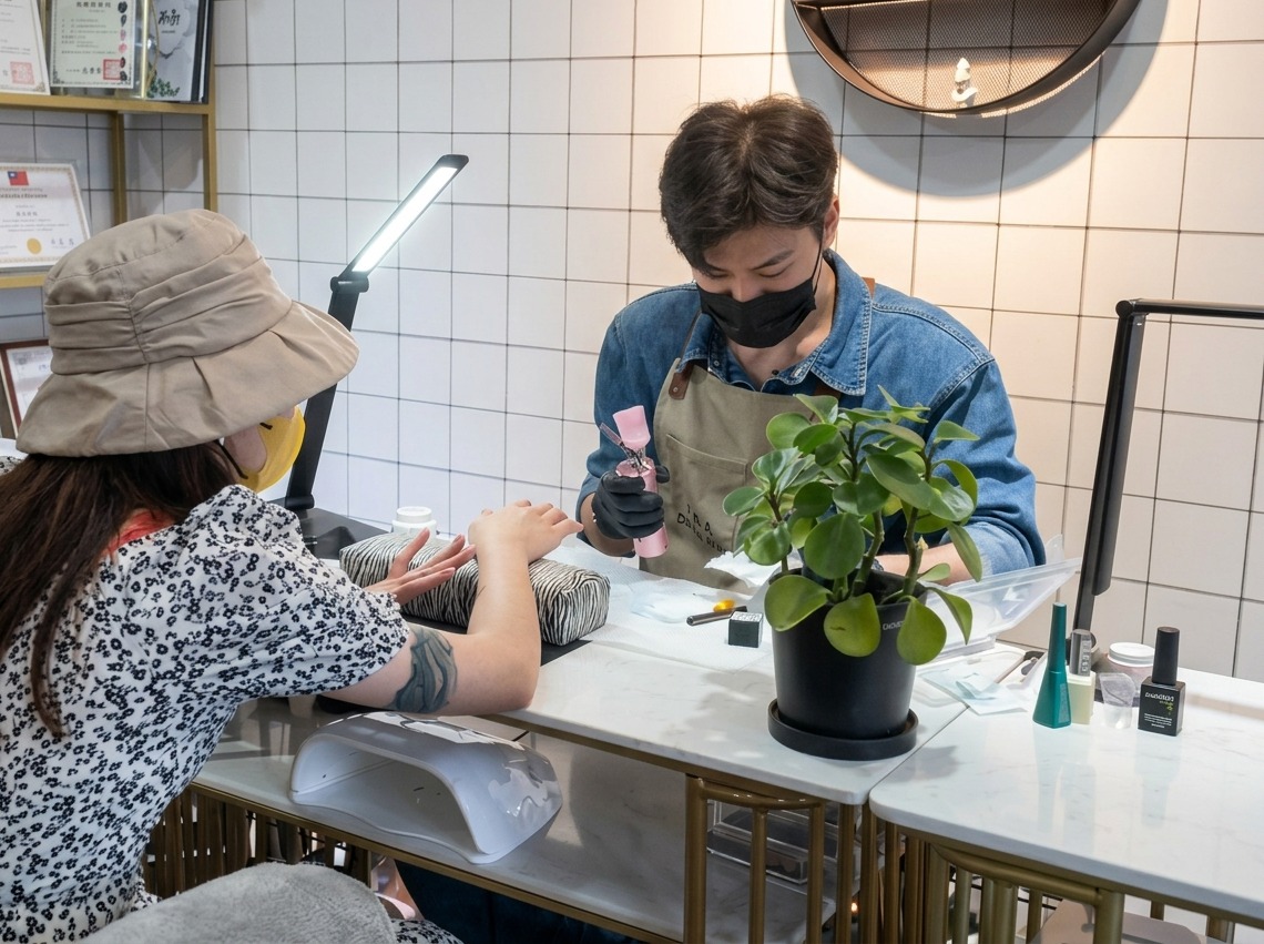 Vista detallada de una manicurista usando un pincel para refinar y alisar la capa de base de gel sobre la uña.