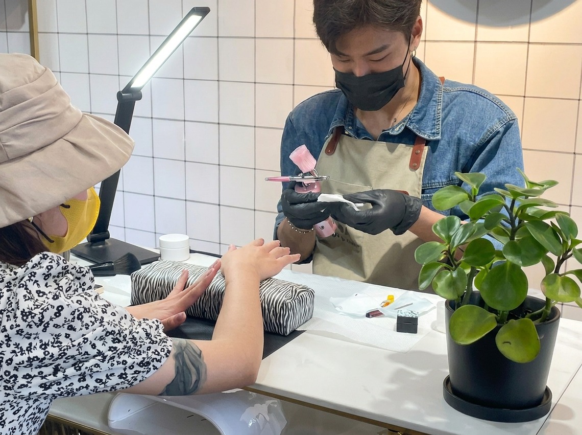Manicurista apuntando un aerógrafo hacia la uña de la clienta en preparación para aplicar el degradado de color.