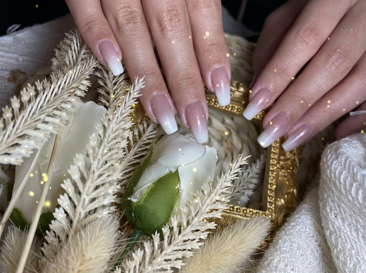 Vista de cerca de los dedos sobre un fondo decorativo, enfocándose en la transición ombré impecable del diseño de uñas.