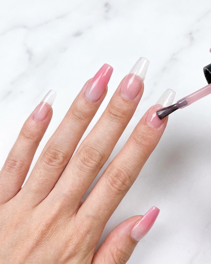 Un pincel aplicando esmalte en gel rosa traslúcido sobre una extensión de uña transparente.