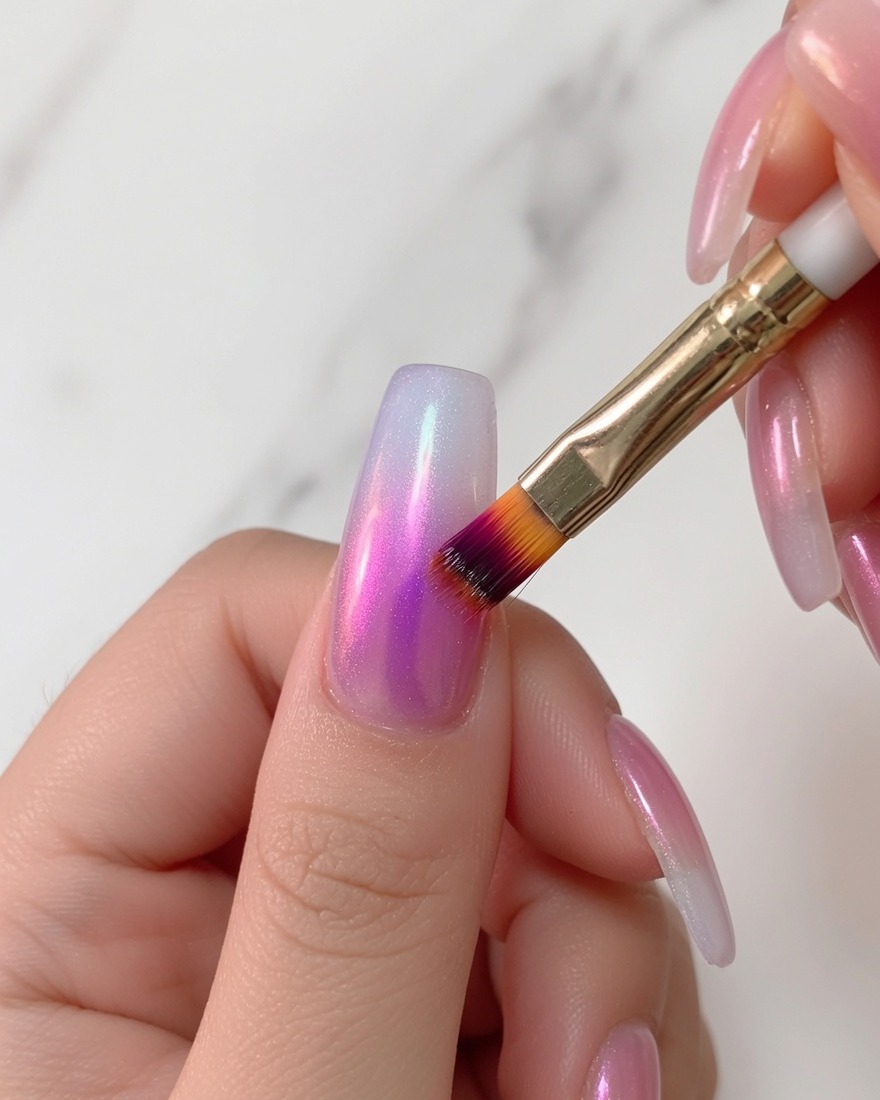 Un pincel para degradado arrastrando suavemente el gel azul hacia abajo sobre una base rosa nude para difuminar el efecto ombré.