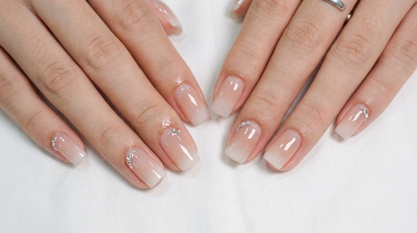 Uñas Gradientes Milky White con Pedrería en Cutícula — Tutorial Paso a Paso