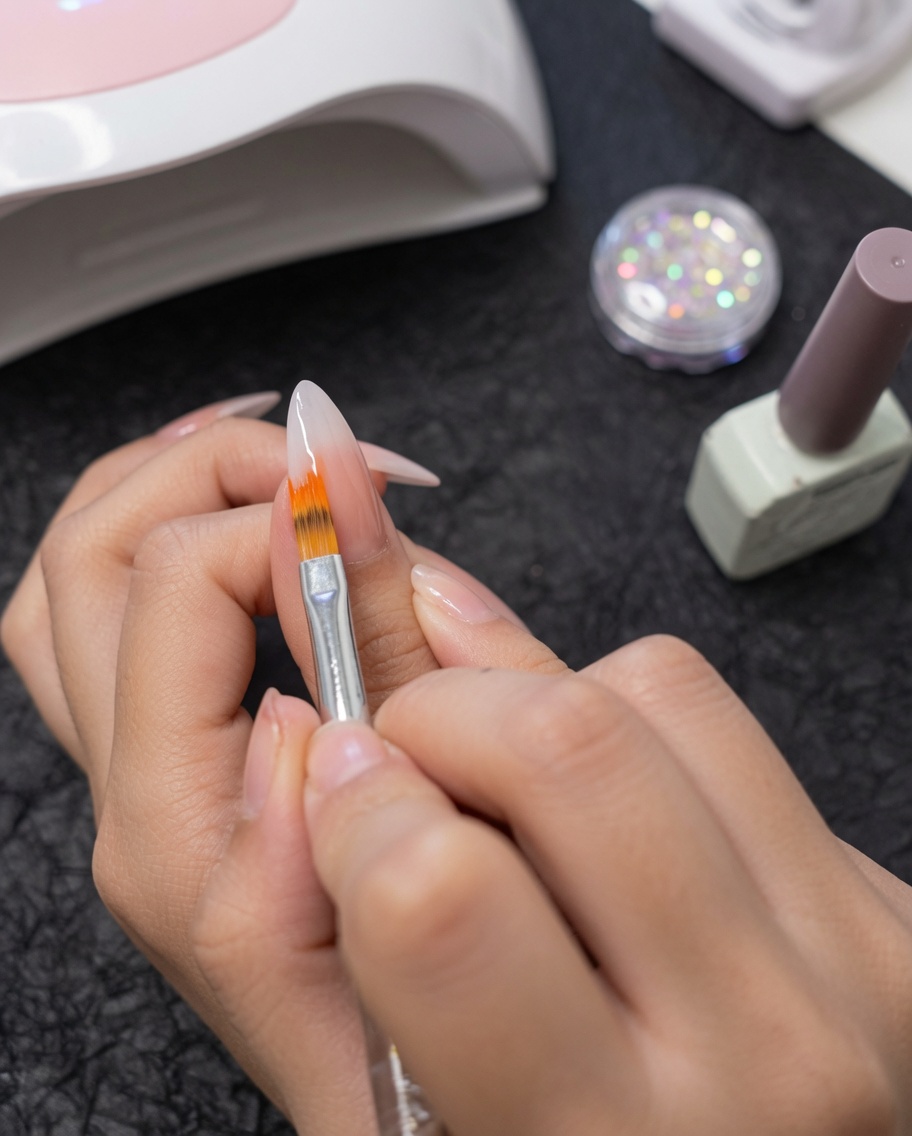Un pincel de degradado difuminando esmalte de gel blanco y nude en una uña.