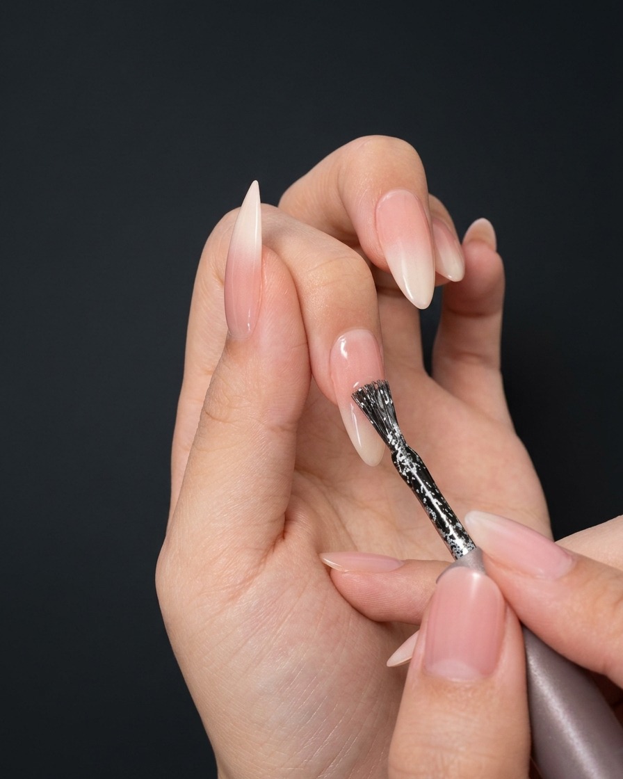 Un primer plano de una mano usando un pincel de detalle para aplicar una línea vertical de gel con glitter plateado fino al centro de una uña estilete con degradado nude y blanco.