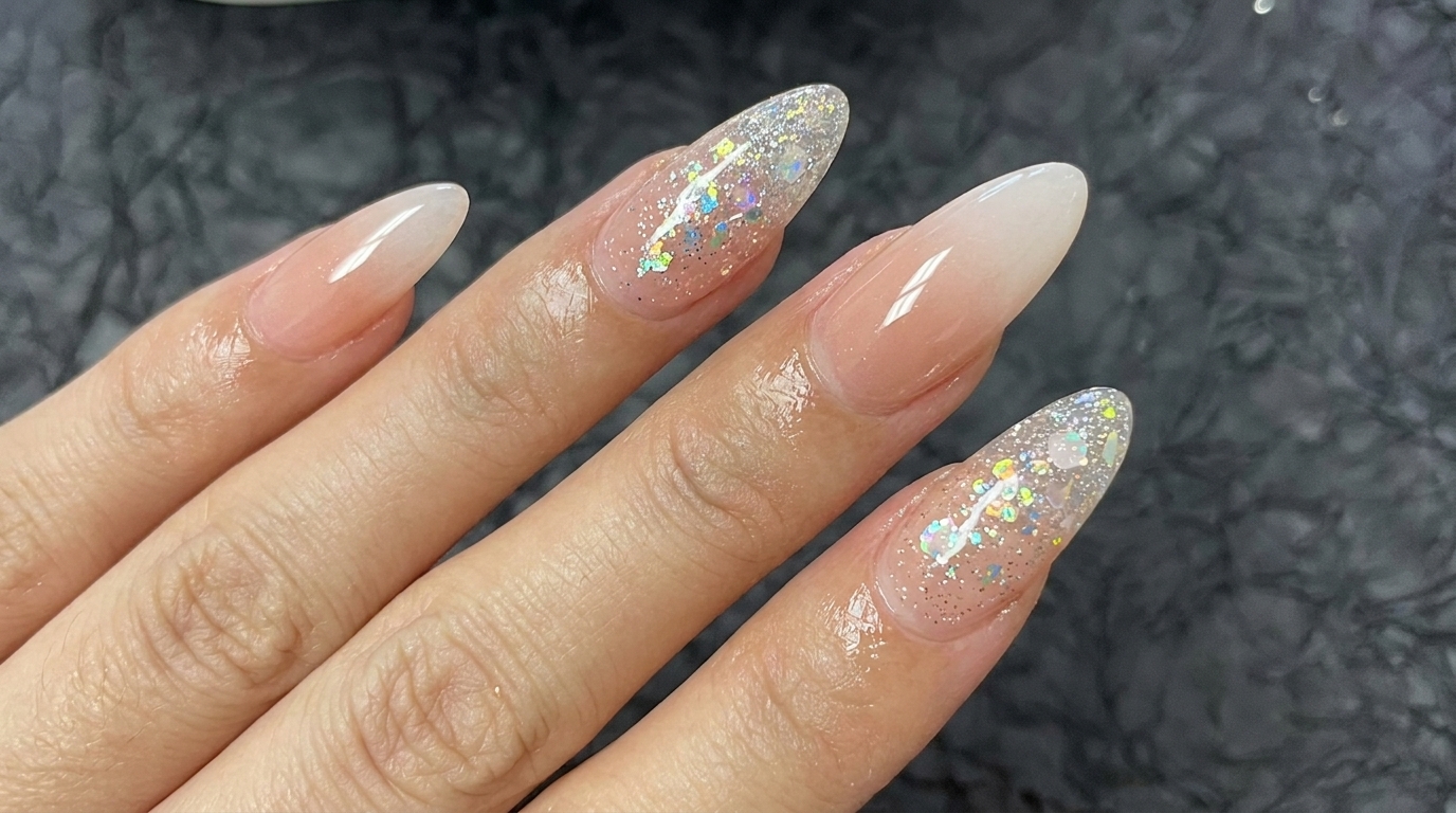 Manicura Ombré en Nude y Blanco con Destellos de Glitter