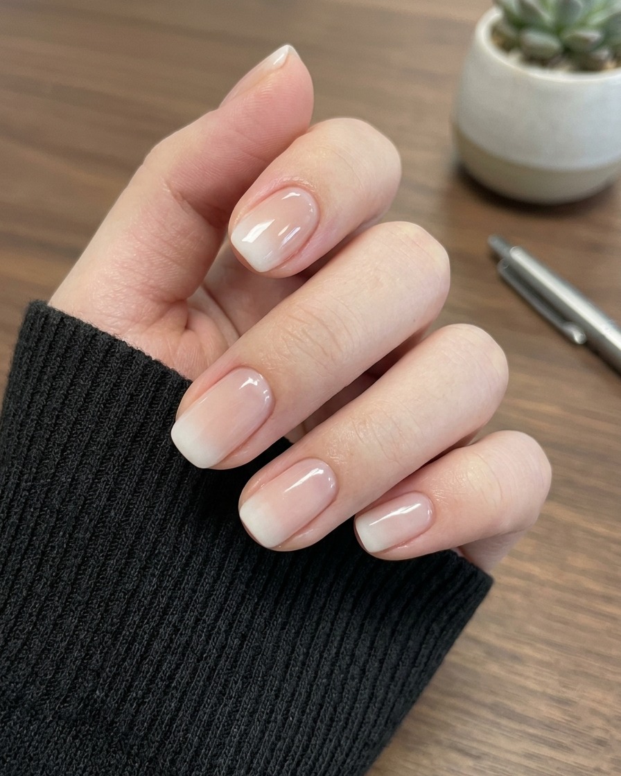 Un pincel aplicando una capa fina y translúcida de esmalte de gel nude cerca de la cutícula de una uña.