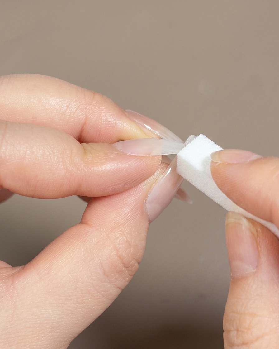 Un primer plano de un pincel de esponja de doble punta siendo cargado con esmalte en gel rosa.