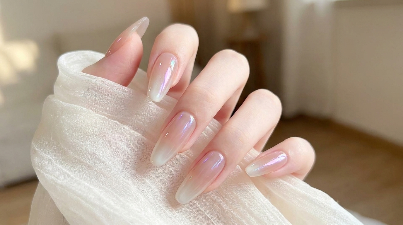 Uñas largas en forma de almendra con un degradado impecable de nude transparente a blanco lechoso y un acabado cromado aurora brillante.