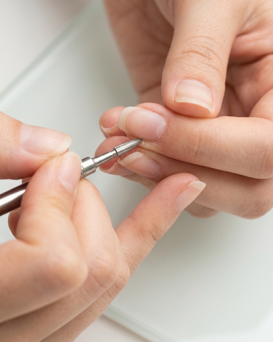 Una broca de metal muy fina y puntiaguda limpiando el bolsillo profundo de la cutícula de una uña al descubierto.