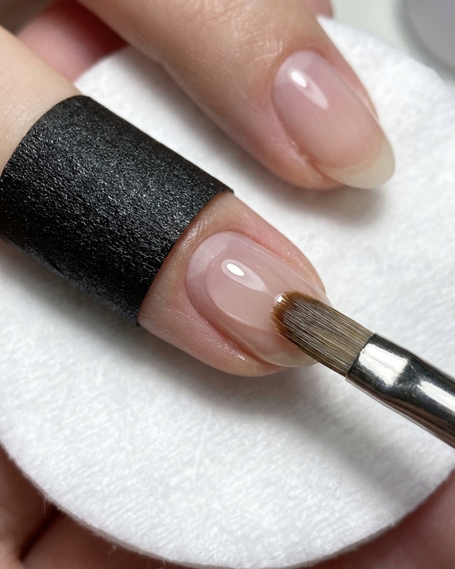 Un pincel para uñas aplicando un top coat brillante sin capa de inhibición sobre una uña terminada con ombré rosa.