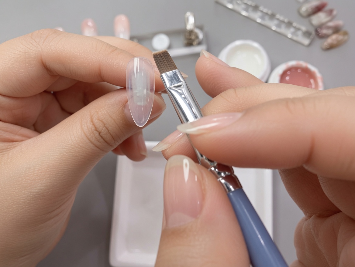Primer plano de un pincel plano aplicando una suave capa de gel blanco sobre un tip de uña artificial sostenido por una mano.