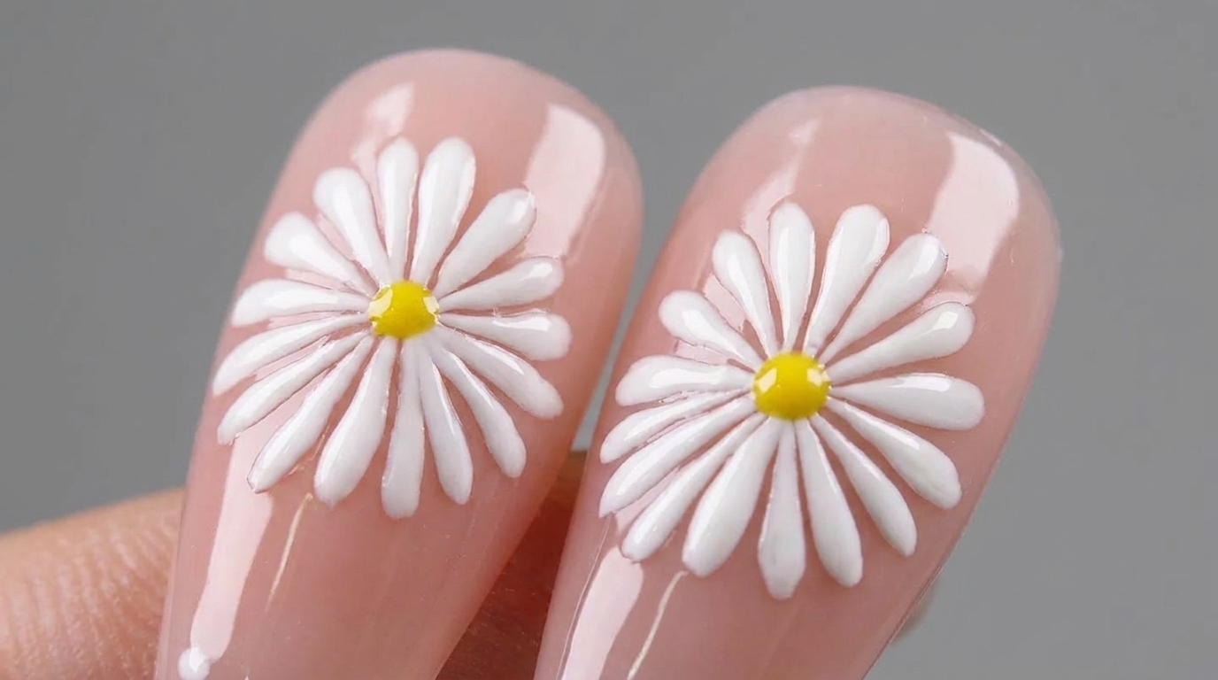 Primer plano del diseño final de margaritas blancas con centro amarillo sobre una base de uñas rosa nude.