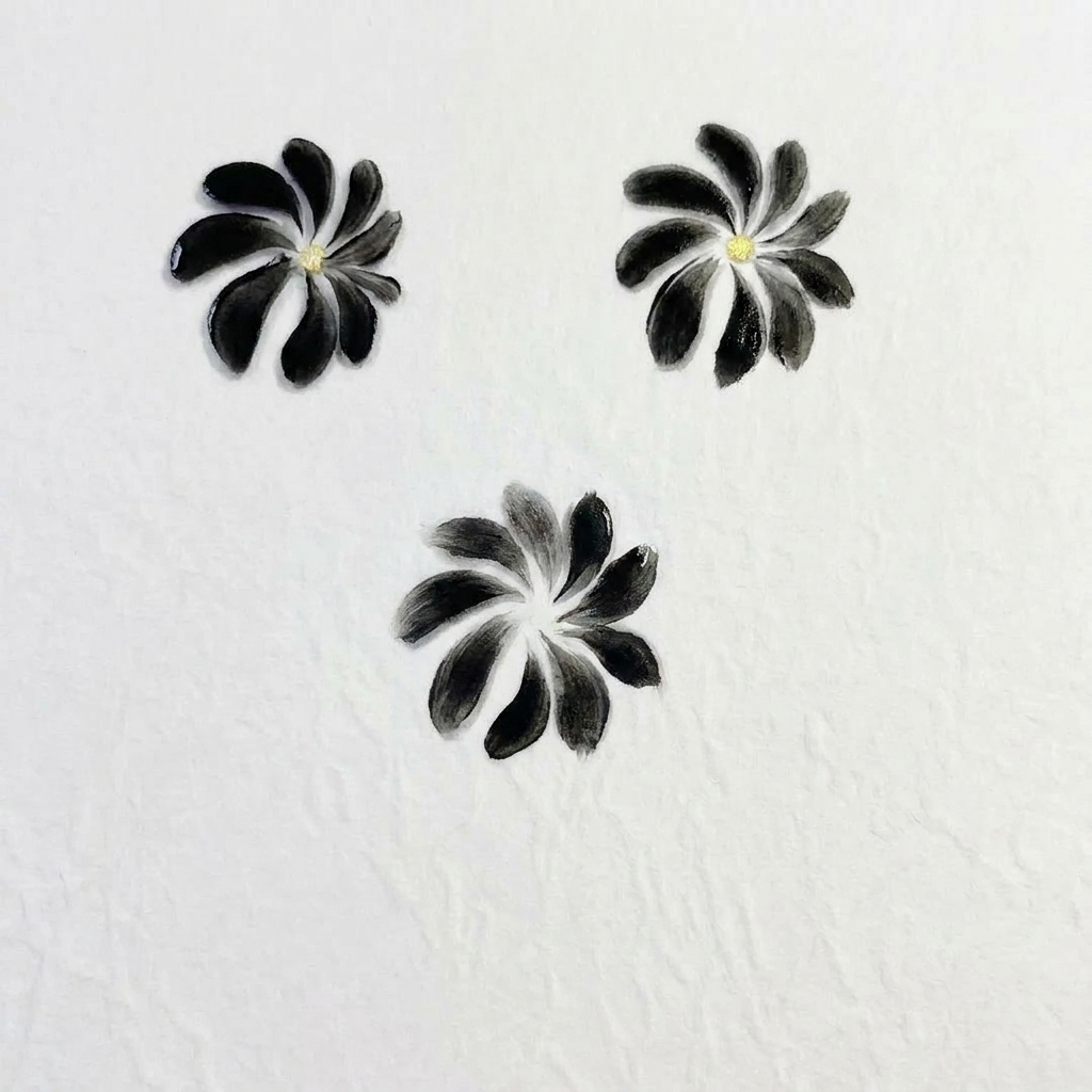 Primer plano de un pétalo de margarita de gel negro pintado a mano sobre una superficie blanca.