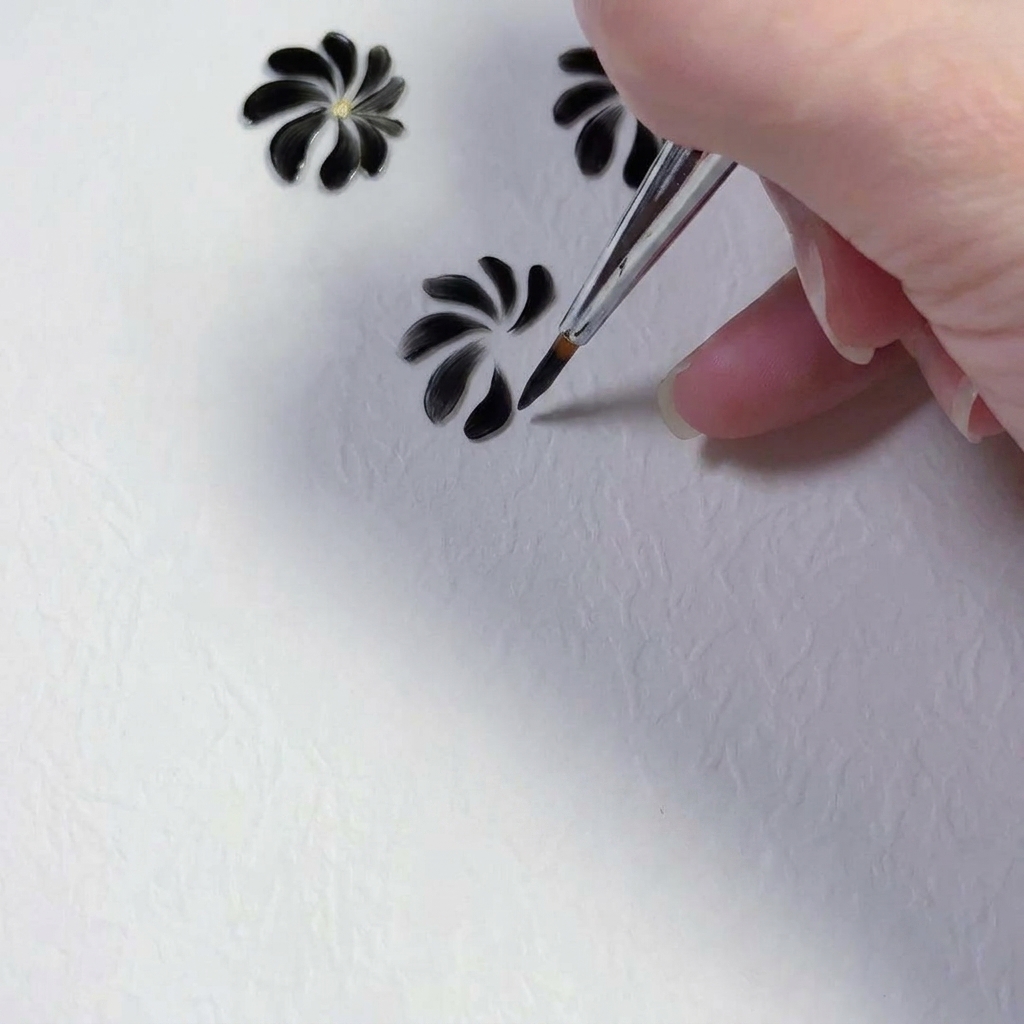 Un pincel de detalle finalizando un trazo de pétalo en una margarita pintada a mano.