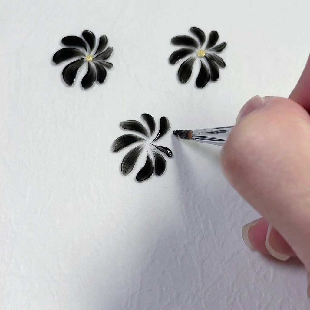 Primer plano de un pincel pequeño refinando las puntas de los pétalos de la margarita pintada de negro.