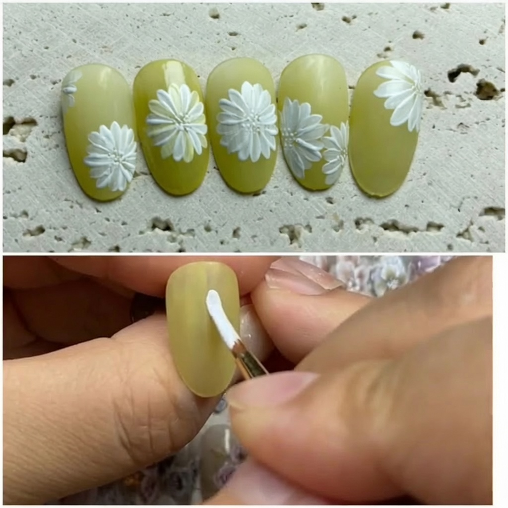 Primer plano de un pincel aplicando esmalte de gel amarillo vibrante sobre una uña.