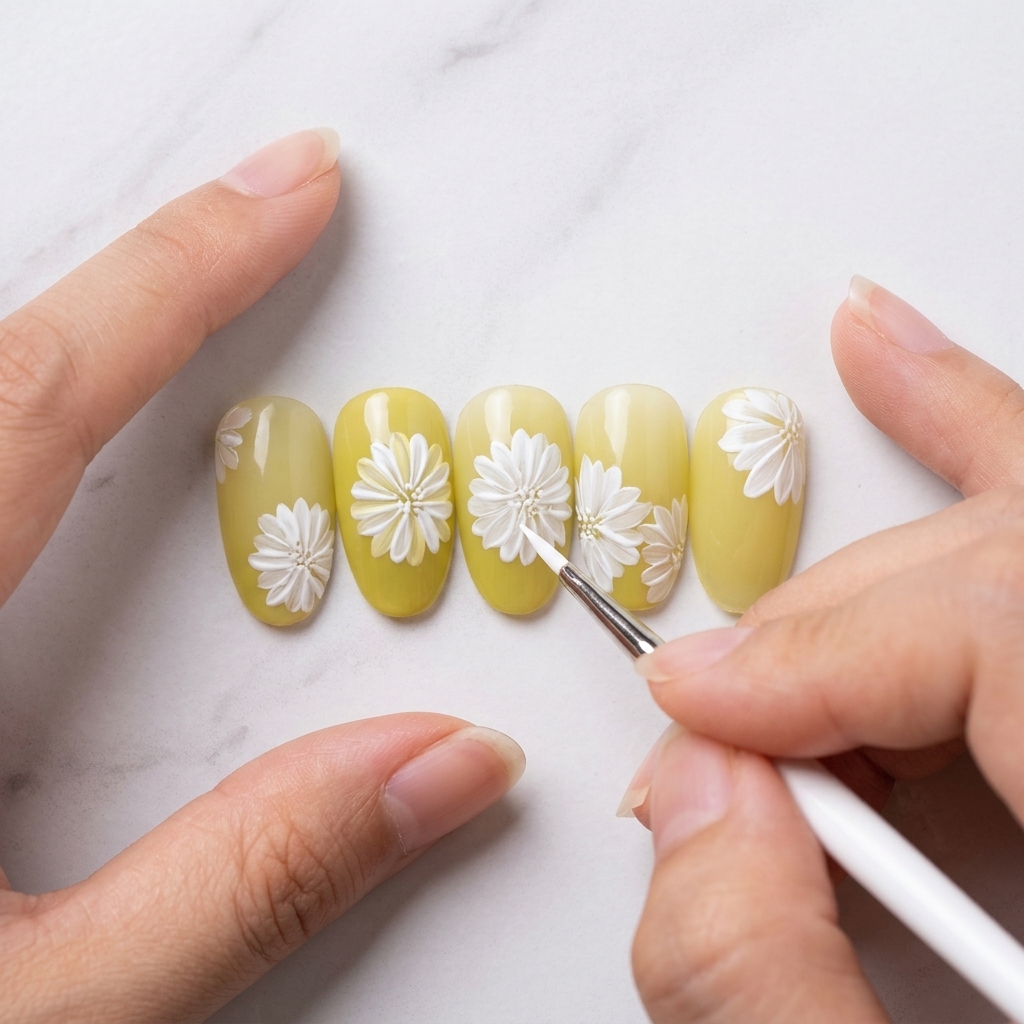 Primer plano de un pincel de uñas aplicando un solo pétalo blanco a un diseño de margarita sobre una uña amarilla.