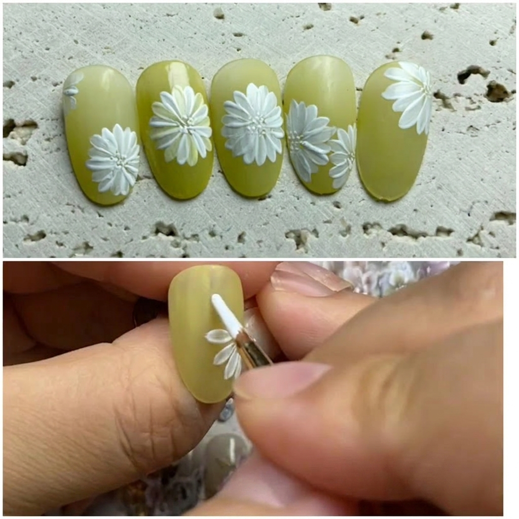 Una mano colocando una uña con un diseño de margarita pintado en una lámpara profesional de uñas UV/LED.
